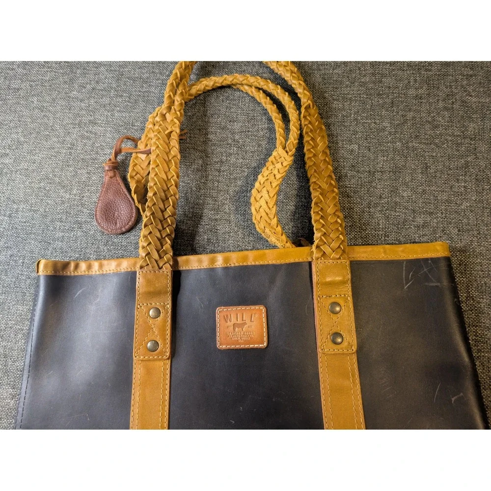 Will Leather Goods Brown & Black Leather Tote Bag Shoulder Bag Charm Purse